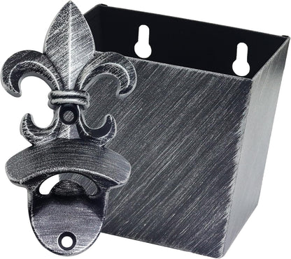 Fleur De Lis Beer Cap Opener - Wall Mounted Bottle Opener with Cap Catcher Drainage, Antique Silver
