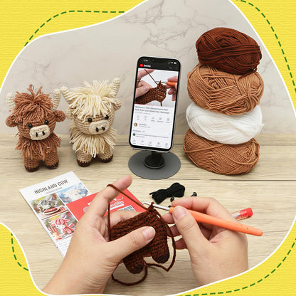 GONELYON Crochet Kit for Beginners, 2 PCS Crochet Animal Kit Highland Cattle, with Step-by-Step Video Tutorials, Beginner Crochet Kit for Adults, DIY Amigurumi Animal Craft Kit