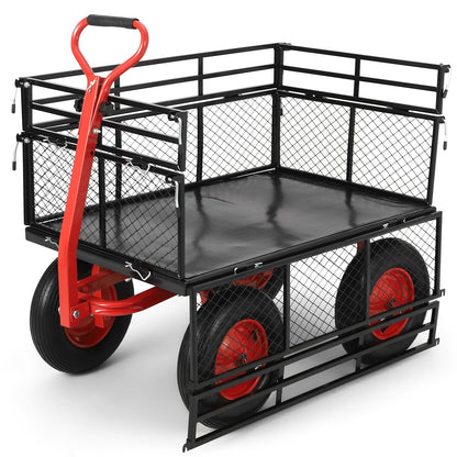 Garden Cart Steel Heavy Duty 1,400 LBS Yard and Garden Wagon with 16 Inch Tire and Adjustable Handle, Attach to ATV or Tractor, Black & Red