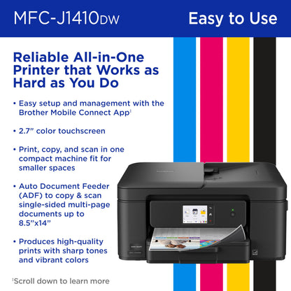 Brother Work Smart 1410 Wireless Color Inkjet All-in-One Printer with 2.7” Touchscreen and Automatic Duplex Printing | Includes Refresh Subscription Trial(1) (MFC-J1410DW)