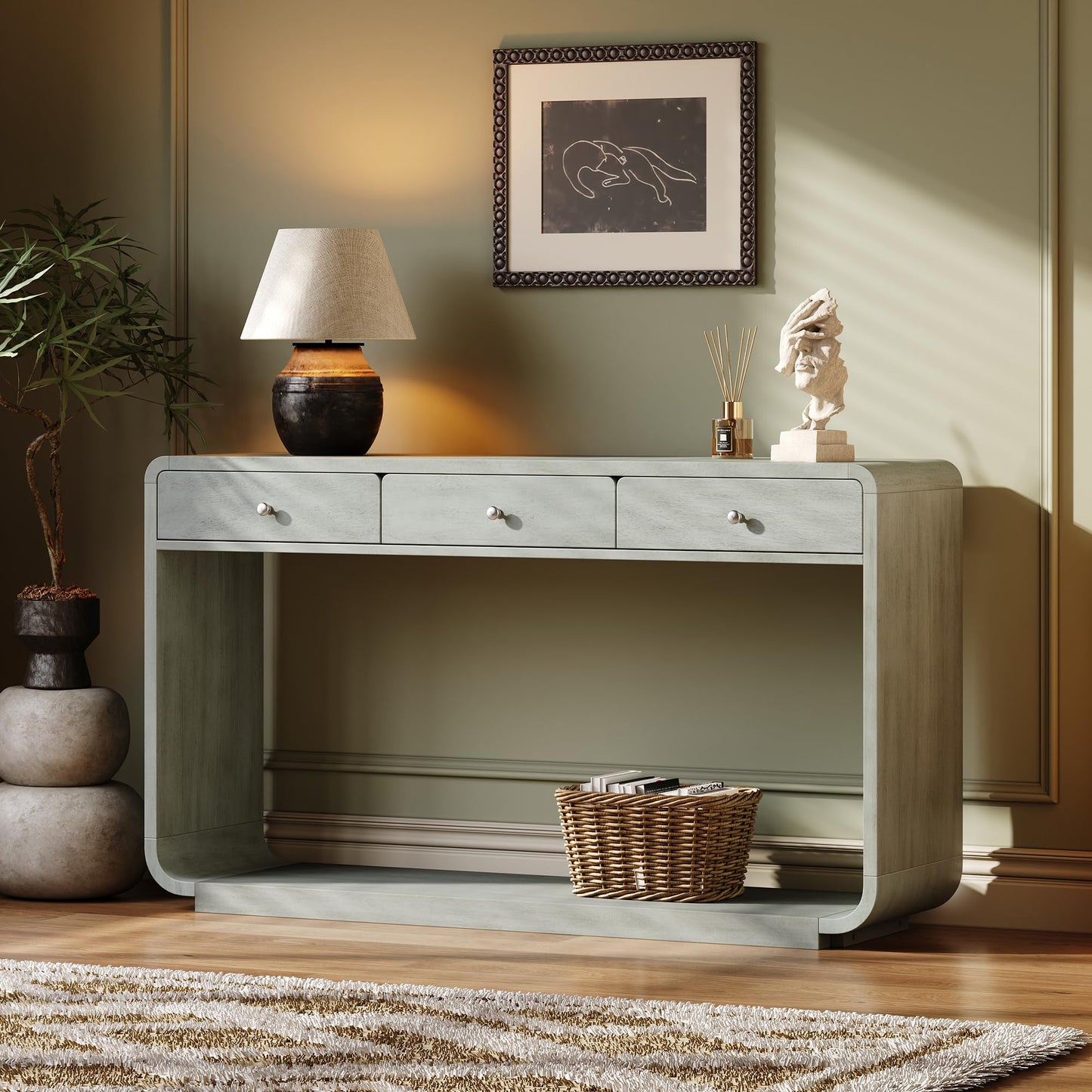 Christopher Knight Home Hiro Narrow Console Table with Storage, Wood Entryway Table with 3 Drawers and 1 Bottom Shelf, Long Entryway Table with Storage, Display Table with Curved Design, Sage Green