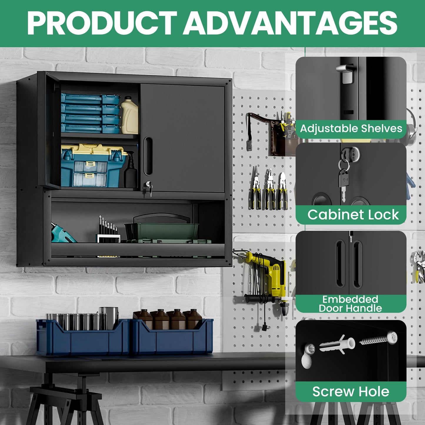 VIYET Metal Tool Cabinet,Garage Storage Cabinet System,Wall Cabinet & Locking Rolling Tool Cabinet with Doors and Adjustable Shelves,Steel Tool Cabinets for Home