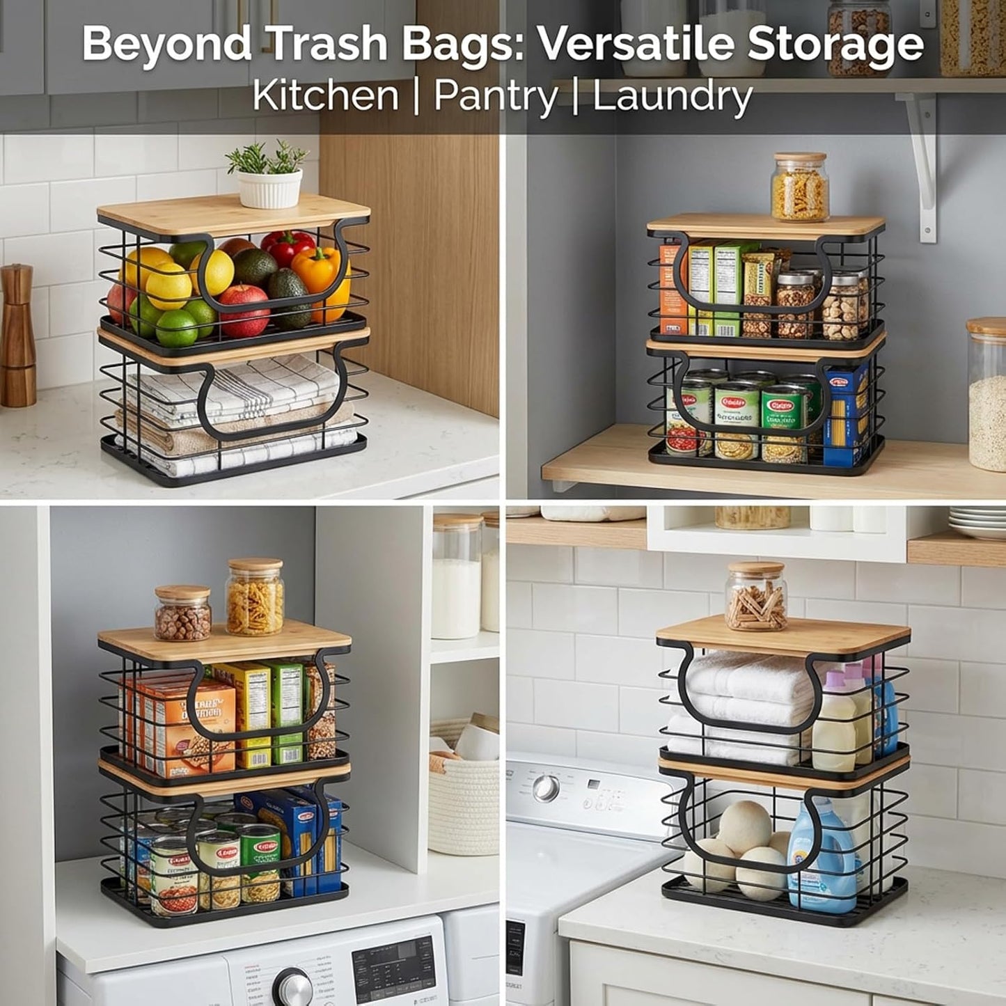 2-Pack 10-Inch 13 33 11" 7.1" 5.9" REFGY Stackable Trash Bag Holder with Natural Fiber Top, Wide Opening Garbage Bag