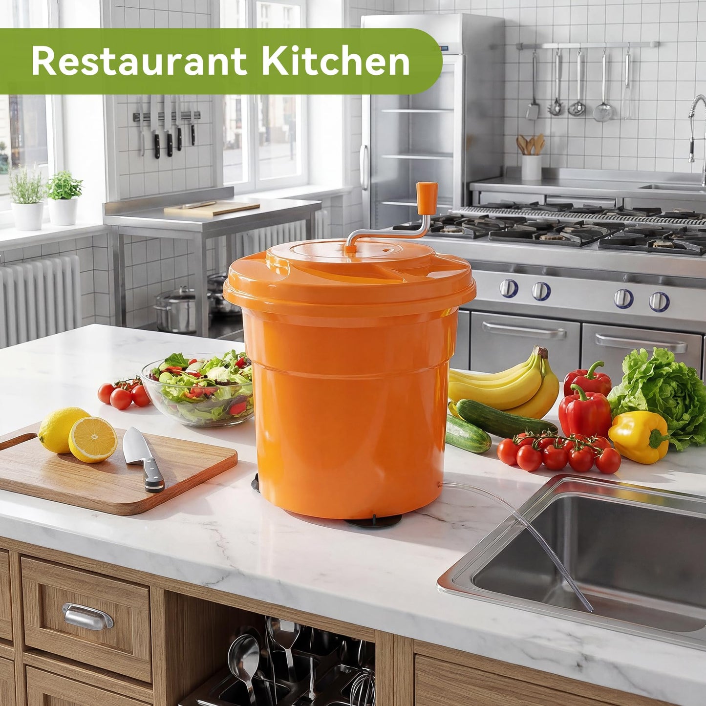 Fnova Commercial Salad Spinner, 6.6 Gal / 26.42 Qt Salad Spinner with 4.92 ft Drain Tube & Anti-Slip Feet, Large Manual Lettuce Spinner for Catering, Home, Farm