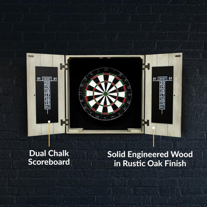 Hathaway Drifter 18-in Bristle Dart Board and Cabinet Set – Includes Self Healing Sisal Board, Removable Outer Ring, Chalk Scoreboards & Steel-Tip Darts - Complete Dart Accessories - Timberwood