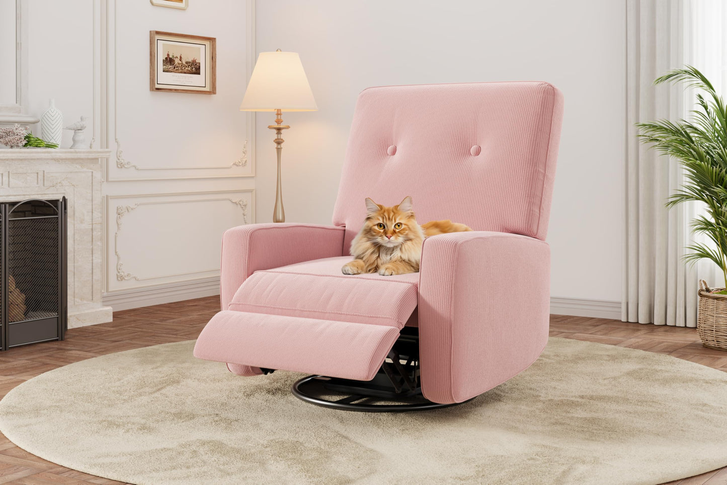 GarveeHome Recliner Chairs, Swivel Rocker Recliner, Glider Recliner Nursery Chair for Adults, 360° Swivel Glider Rocking Chair for Living Room, Bedroom, Office, RV, Small Spaces, Corduroy, Pink