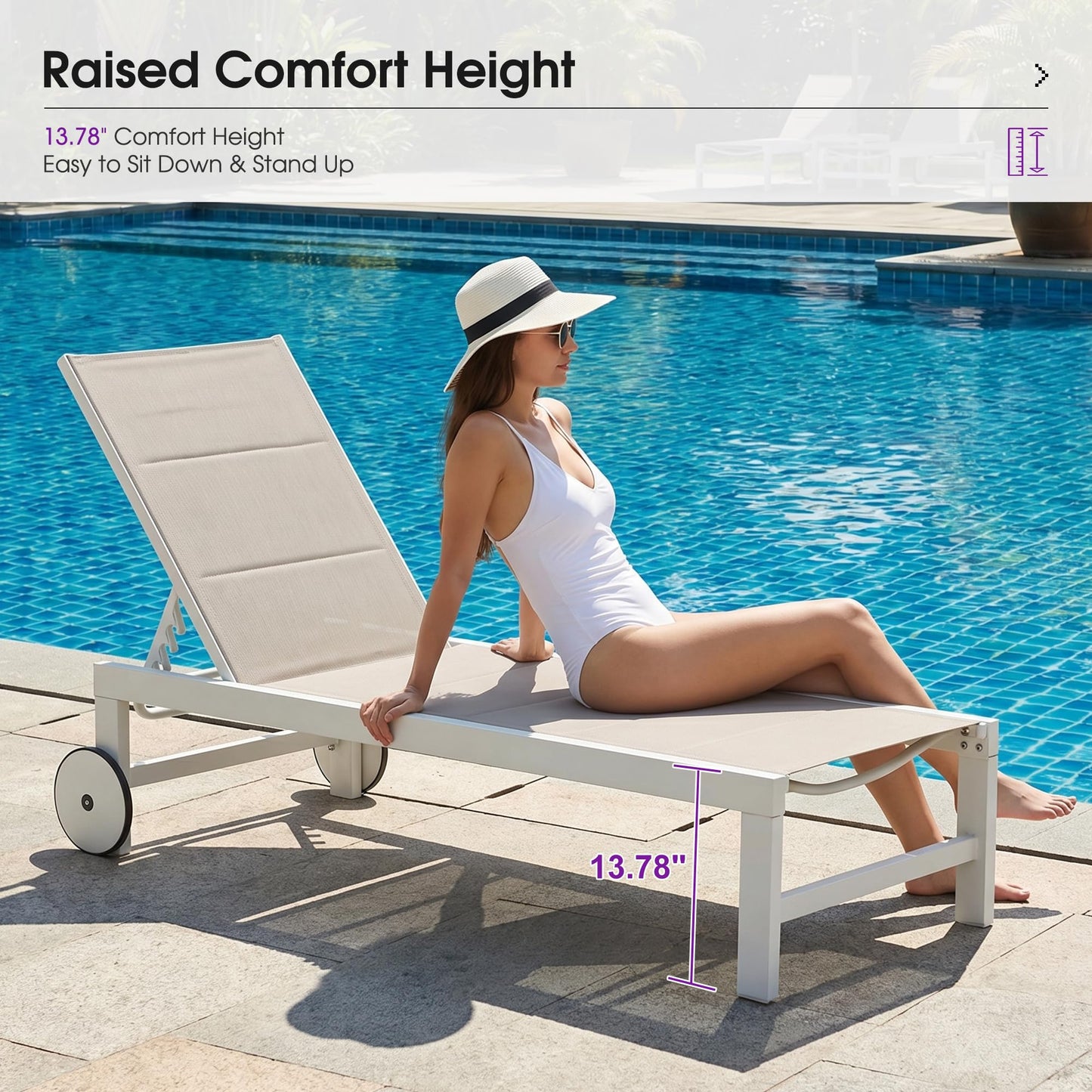 PURPLE LEAF Outdoor Chaise Lounge Set Elderly-Friendly Straight Legs Adjustable Sunbathing Recliner with Side Table for Back Support Patio Poolside Beach Lounge Chairs Khaki