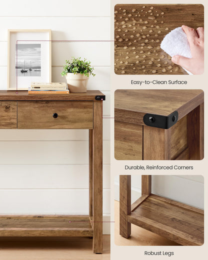 VASAGLE LIRY Collection - Console Table with 3 Drawers and Open Storage Shelf, Narrow Entryway Sofa Table for Living Room, Farmhouse Style, Metal Corners, Honey Brown ULNT142KB02S