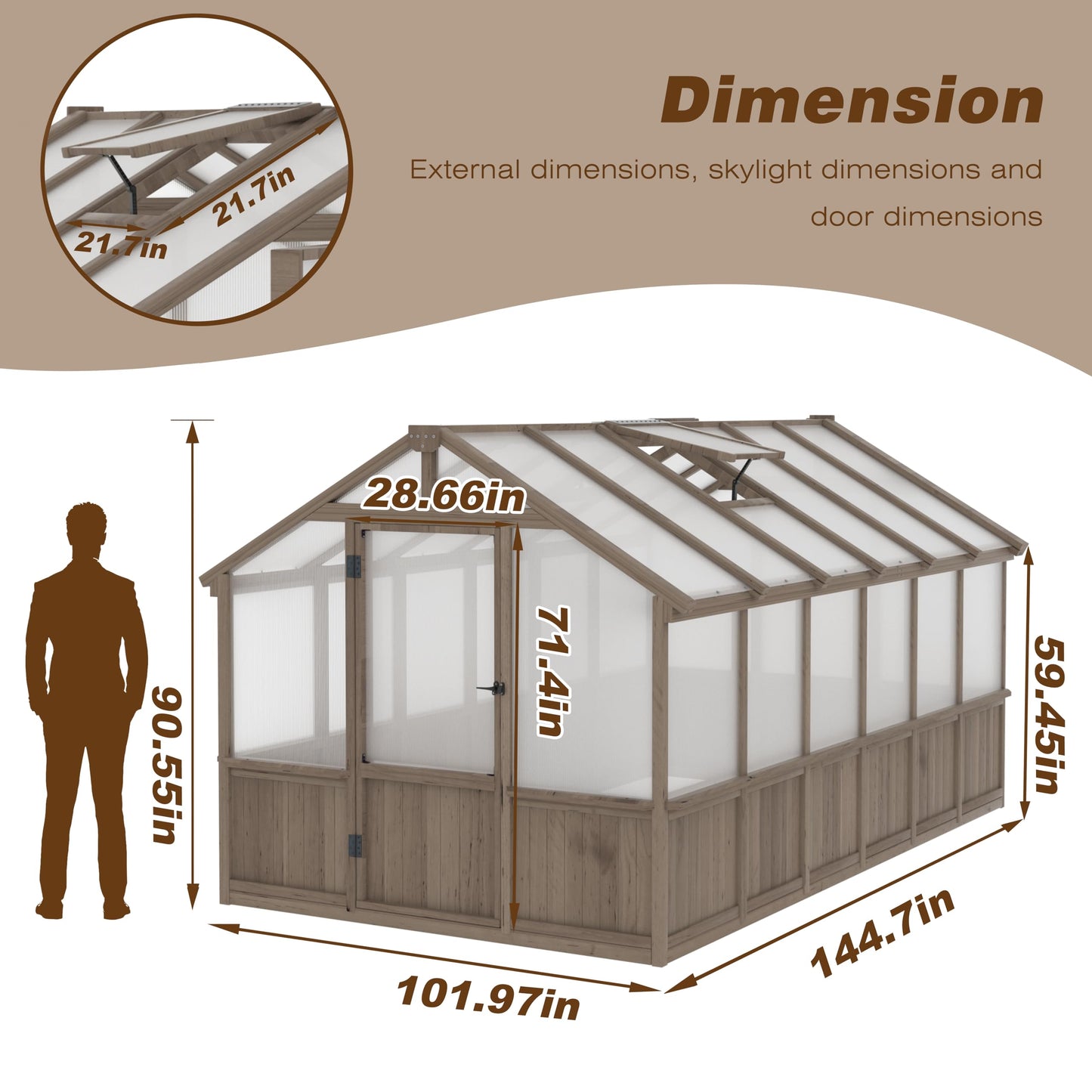 Yardenaler 8x12 FT Greenhouse Kit with 6MM Thick Polycarbonate Panel for Outdoor, Wooden Walk-in Green House with Adjustable Roof Vent and Lockable Door, Backyard, Garden, Light Mocha Brown