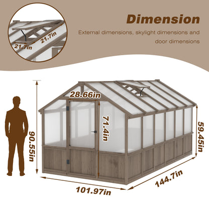 Yardenaler 8x12 FT Greenhouse Kit with 6MM Thick Polycarbonate Panel for Outdoor, Wooden Walk-in Green House with Adjustable Roof Vent and Lockable Door, Backyard, Garden, Light Mocha Brown