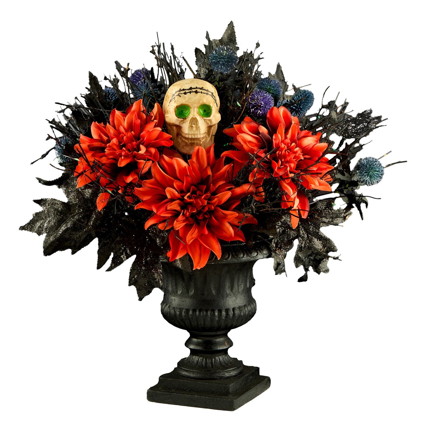 National Tree Company, 20inch Artificial Boo-Tiful Halloween Urn with Orange Florals and White Skull, 30 Green LED Lights,