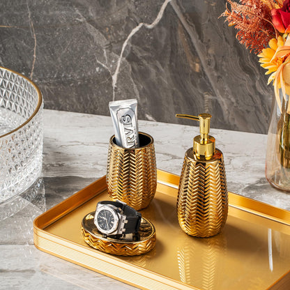 Gold Bathroom Accessories 4pcs Stylish Bathroom Accessories Set Gold Soap Dispenser Pump, Tumbler, Soap Dish and Trash Can Modern Decor Wavy Design Ceramic Bathroom Accessory Set