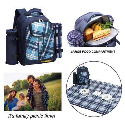 Apollo walker Picnic Backpack Set for 4 with Cooler Compartment,Detachable Bottle/Wine Holder Including Large Picnic Blanket(45"x 53") for Picnic Family and Lovers Gifts,Outdoor,BBQ Time (Blue)