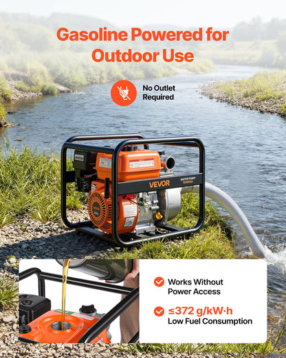 VEVOR Gas Powered Water Pump, 2 in, 132 GPM 6.5HP Semi Trash Water Transfer Pump Portable, Gasoline Engine with 25 ft Discharge Hose, Heavy Duty Frame, Cast Iron Impeller, for Irrigation, Ponds, Pools