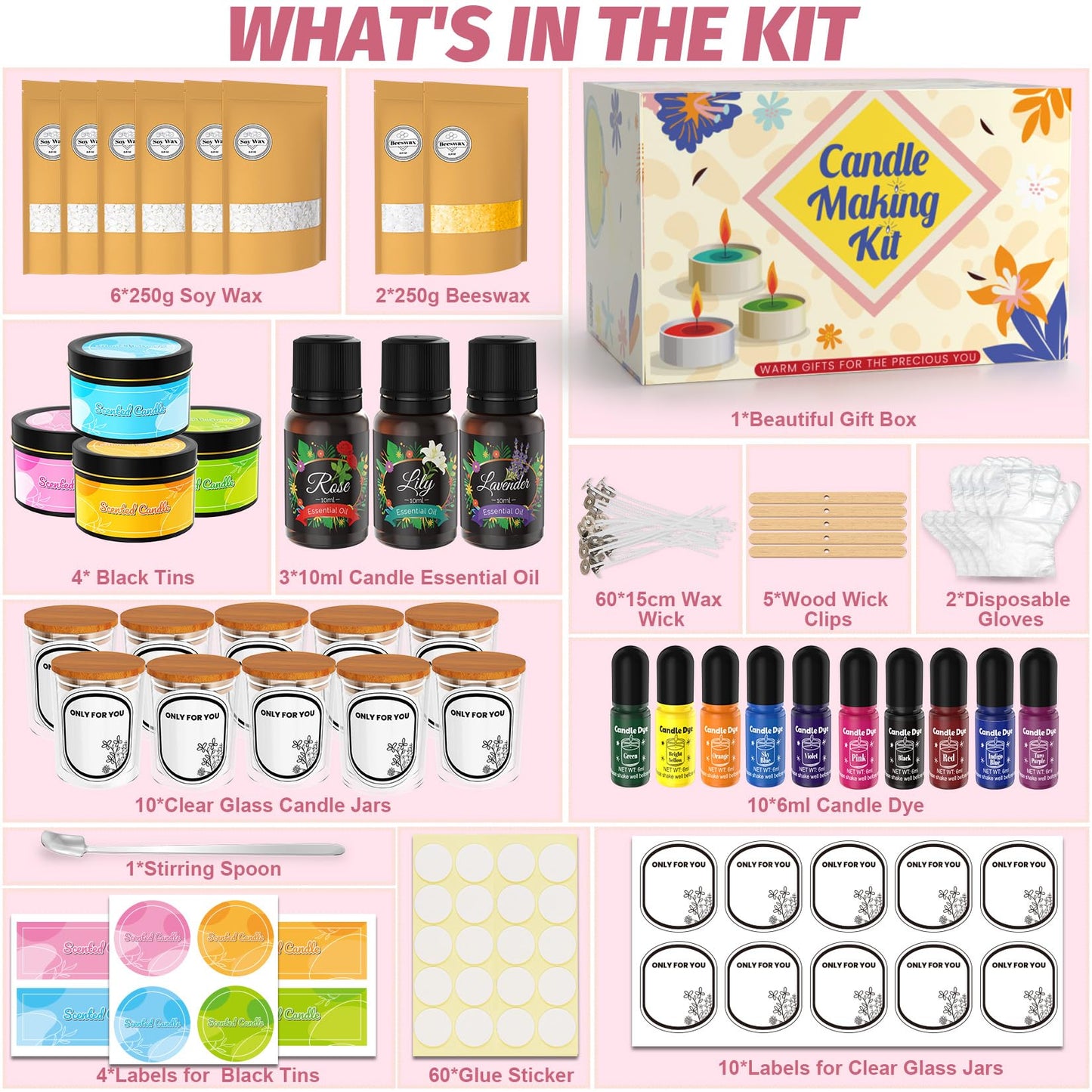 CxiRong Candle Making Kit for Adults, DIY Candle Making Supplies Craft Kits Including 4.4 lb Soy Wax, Beeswax, Jars, Tins, Candle Dyes, Essential Oils & More, Perfect for Home Decorations