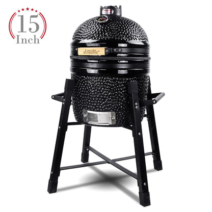 London Sunshine Ceramic Kamado Charcoal BBQ Grill and Smoker, Stainless Steel Grates -15" Ceramic with Tall Stand (BLACK)