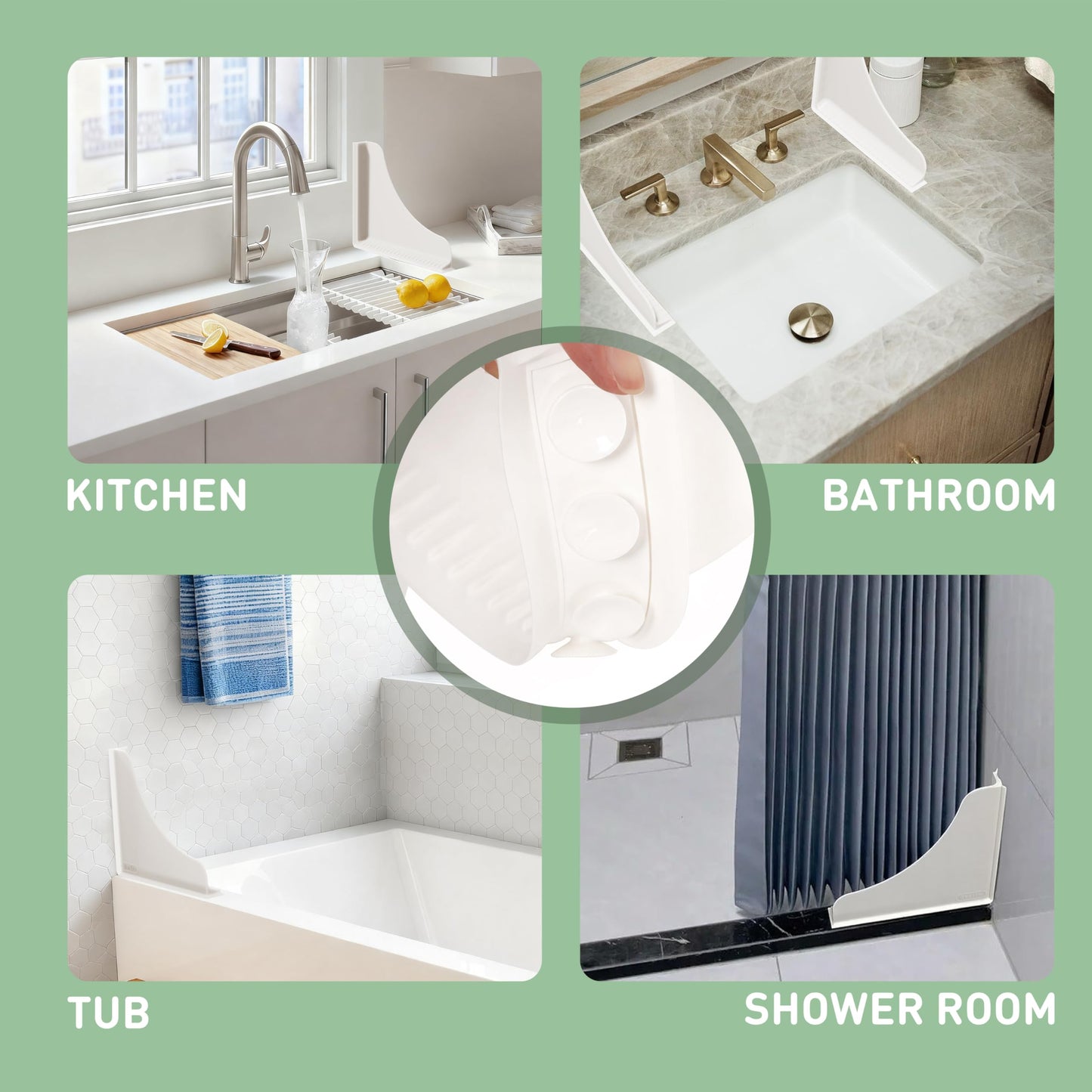 Roslim Shower Corner Splash Guard, 2 Pack No-Adhesive Silicone Bathtub Splash Guards with Suction Cups, Reusable Water Blocker for Tub & Walk-in Shower Corners, Keeps Floor Drier, White