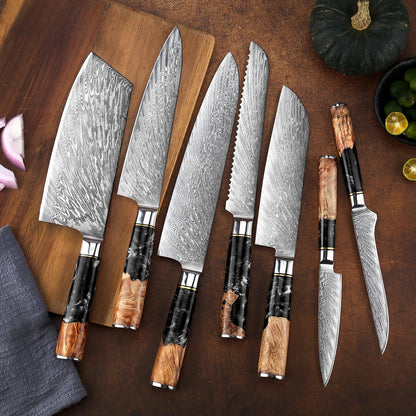 SENKEN 7-Piece Damascus Kitchen Knife Set - Tsunami Collection - 67-Layer Japanese VG10 Steel - Chef's Knife, Cleaver, Santoku, Bread, Boning, & More (Black Resin Blend)