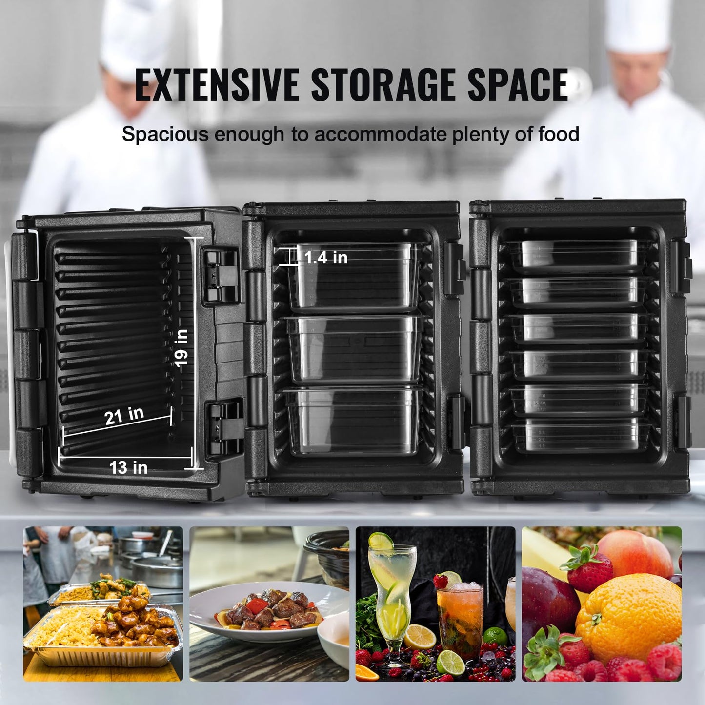 VEVOR Insulated Food Pan Carrier, 95 Qt Hot Box for Catering, LLDPE Food Box Carrier w/Double Buckles, Front Loading Food Warmer w/Handles, Stackable End Loader for Restaurant, Canteen, etc. Black