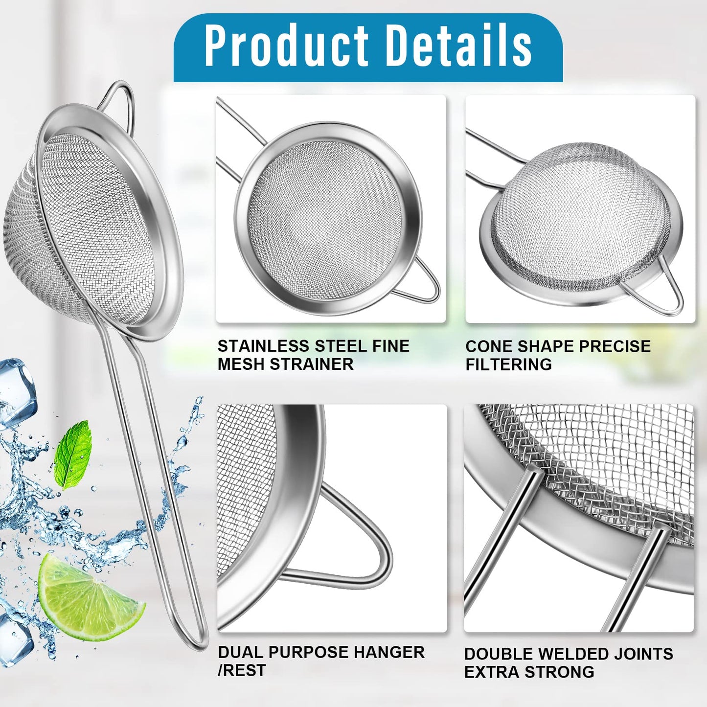 Epakh 9 Packs Stainless Steel Small Strainer, Fine Mesh Steel Cone Shaped Cocktail Strainer for Juice, Tea Herbs, Coffee Drinks, Long Handle Coffee Food, 3.2 Inches Silver