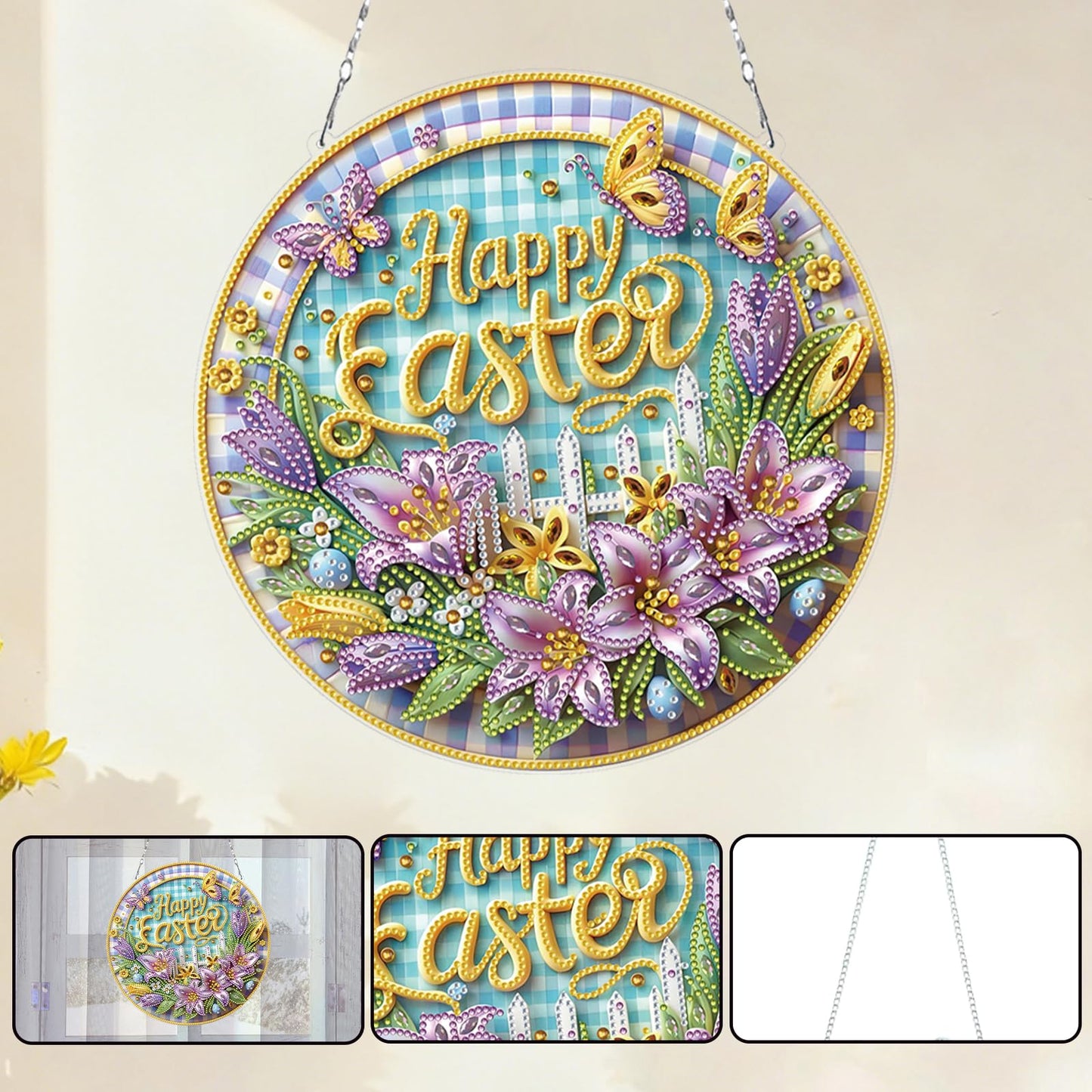 FRANDEK Happy Flowers DIY Diamond Painting Hanging Kits, 2D Flat Acrylic Crystal Rhinestone Gem Art Hanging Decor Crafts Kit, Portable Diamond Art Dots Home Office Wall Decor Gift