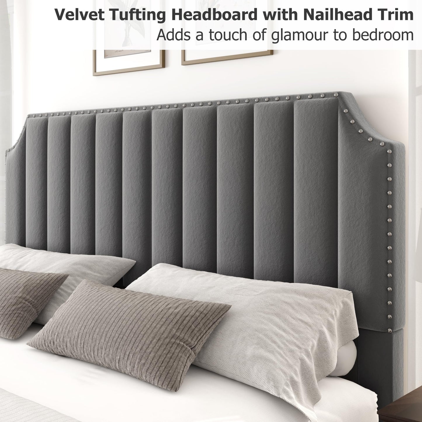 GarveeHome King Size Platform Bed Frame with 50.2 in Headboard, Velvet Upholstered Bed Frame King with Vertical Channel Tufted Headboard & Footboard, Nailhead Trim, No Box Spring Needed, Grey