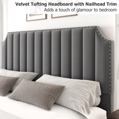 GarveeHome King Size Platform Bed Frame with 50.2 in Headboard, Velvet Upholstered Bed Frame King with Vertical Channel Tufted Headboard & Footboard, Nailhead Trim, No Box Spring Needed, Grey
