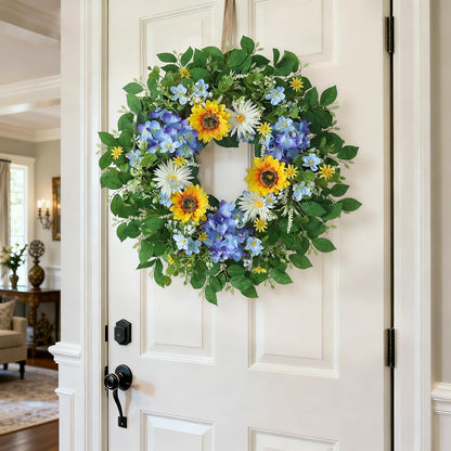 Large 26" Artificial Flower Wreath by [Brand Name] - Lifelike Sunflowers & Blue Hydrangeas for Spring/Summer Home Decor