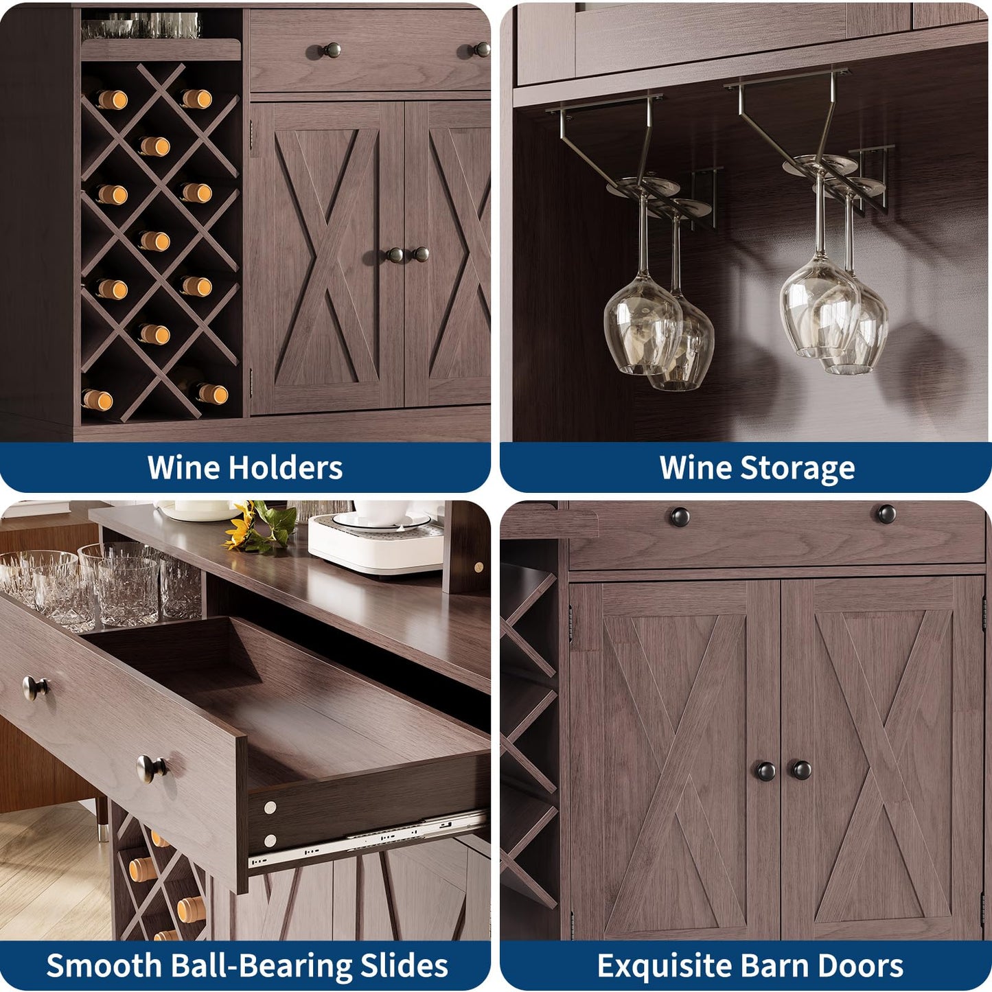 IDEALHOUSE 72 Inch Tall Kitchen Pantry Cabinet with Power Outlet - Wine Bottle Rack, Barn Doors, Ample Storage, Modern Sideboard Buffet for Dining Room, Kitchen, or Home Bar