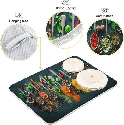 Cooking Herbs Spices Dish Drying Mat for Kitchen, 18 X 24 Inches Dry Dishes Pads Mats, Tableware Protector for