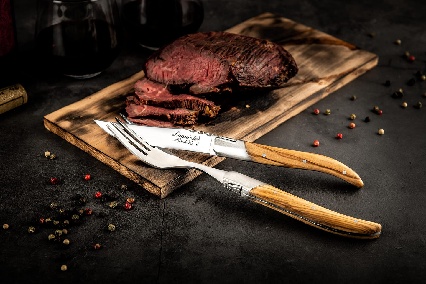 Laguiole Style de Vie Steak Knives, Luxury Line, 6 pieces, Olive Wood, in giftbox