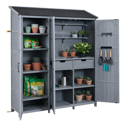 Merax Outdoor Wood Large Garden Storage Shed with Waterproof Roof, Patio 3 Doors Storage Cabinet with Workstation, 7 Storage Shelves, 2 Drawers and 6 Hooks for Backyard, Gray