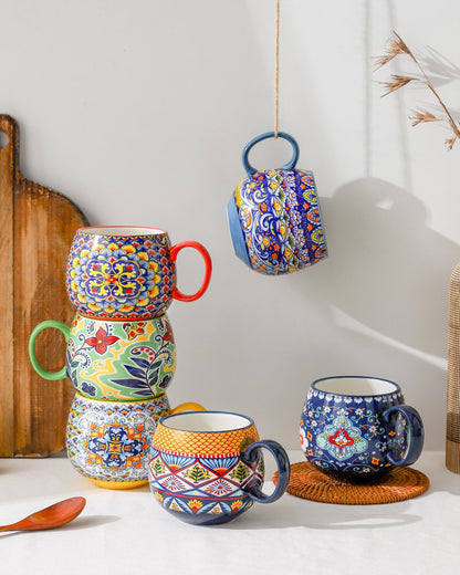 HENXFEN LEAD Boho Ceramic Coffee Mugs Set of 6 – 20 oz Large Porcelain Cups for Latte, Cappuccino, Tea, Cocoa & Soup – Microwave & Dishwasher Safe