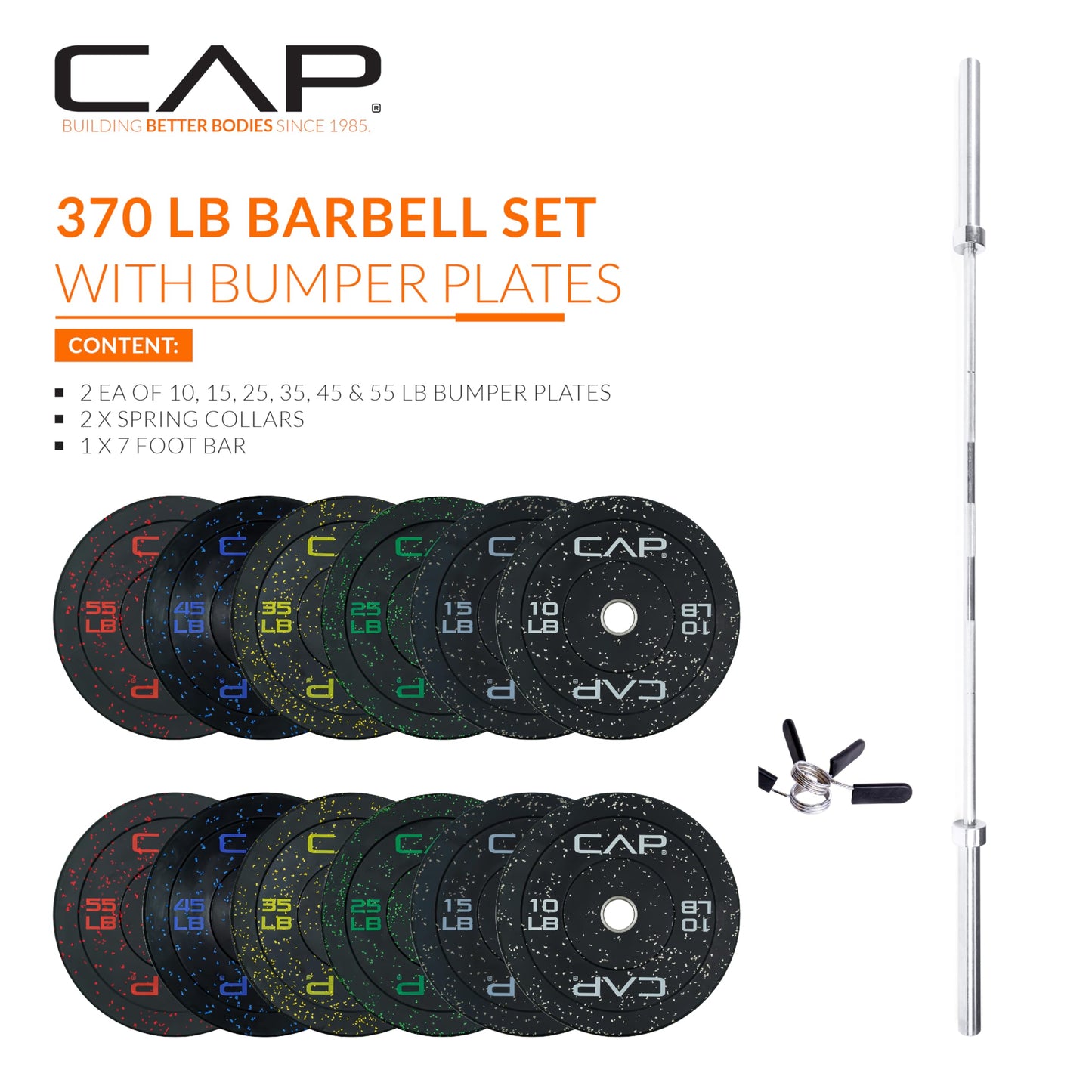 CAP Barbell 370 lb Economy - Speckled Olympic Weight Set with 7ft Chrome Barbell & Black Bumper Plates with Color Logo