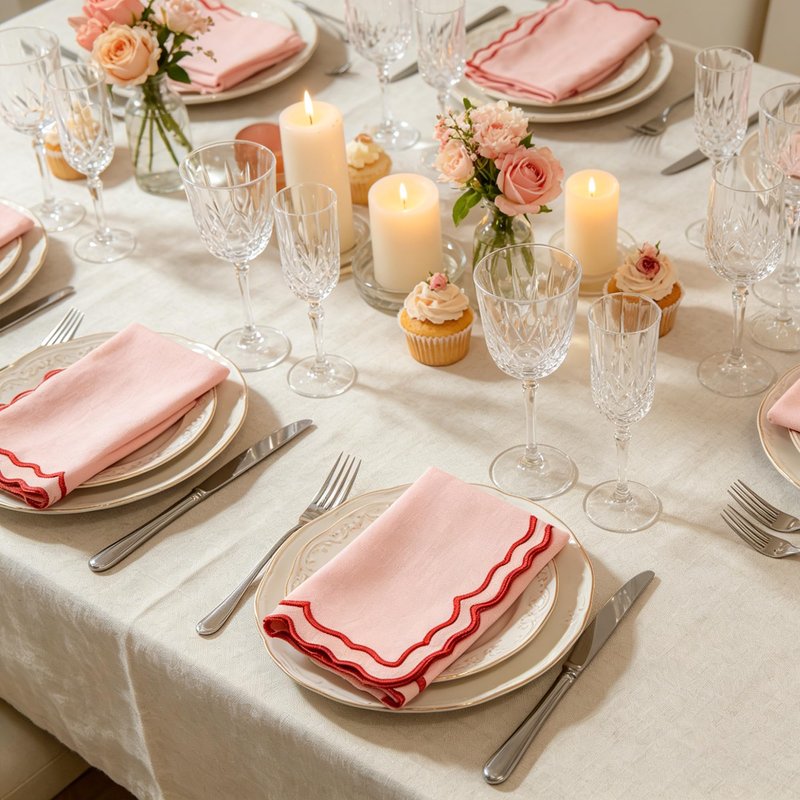 MIKI WELL Scalloped Embroidery Cloth Napkins Set of 4 14"X14" Cotton Napkins for Potluck Party Wedding Table Decor (Square Pink with Red)