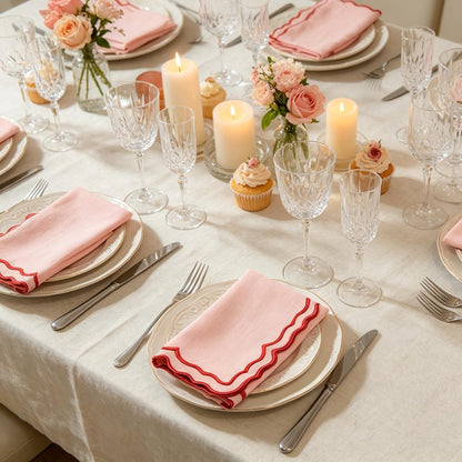 MIKI WELL Scalloped Embroidery Cloth Napkins Set of 4 14"X14" Cotton Napkins for Potluck Party Wedding Table Decor (Square Pink with Red)