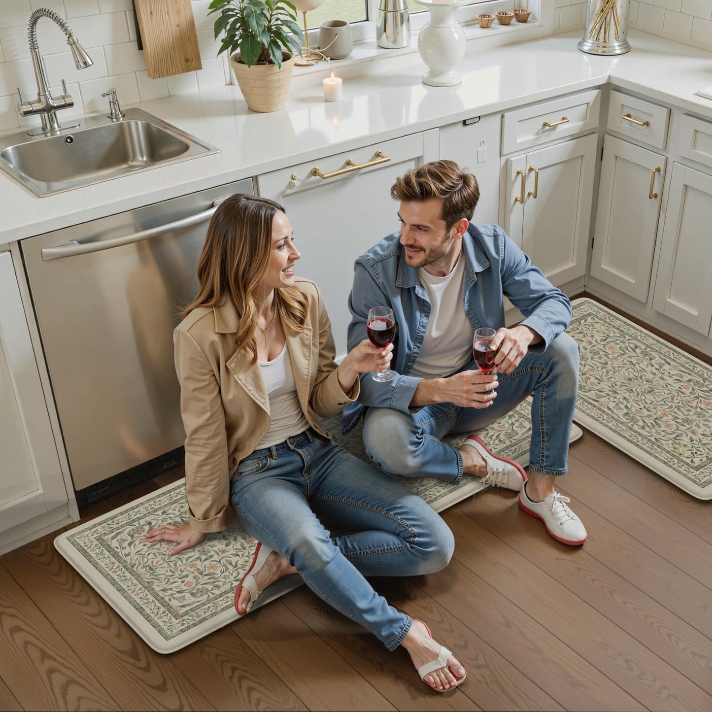 KIMODE Anti Fatigue Kitchen Mats for Floor, Boho Floral Kitchen Rugs Sets of 2, Cushioned Kitchen Floor Mats Non Slip, Comfort Spring Rugs for Kitchen Floor Sink Laundry Desk Beige 17.3"x29"+17.3"x47"