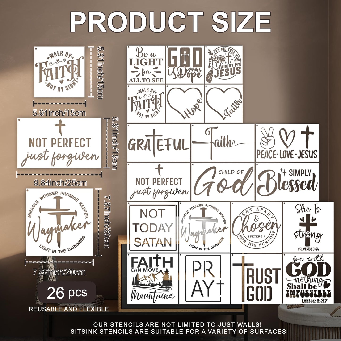 Sitsink Christian Inspirational Stencils for Painting - 20 Pcs Reusable Templates, Faith Jesus God Bless Stencils for DIY Crafts Church Decor Gift Making