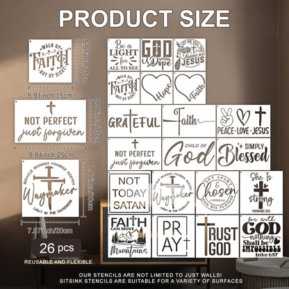 Sitsink Christian Inspirational Stencils for Painting - 20 Pcs Reusable Templates, Faith Jesus God Bless Stencils for DIY Crafts Church Decor Gift Making