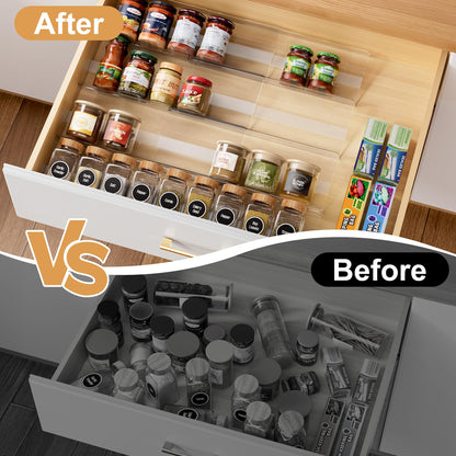 Brippo 8-Pack Spice Drawer Organizer, Expandable Acrylic Seasoning Rack (13" to 26") with Anti-Slip Mat, Kitchen Spice Rack Holds up to 56 Jars (Jars Not Included)