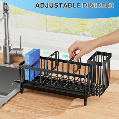 Cisily Sponge Holder for Kitchen Sink, Sink Caddy Organizer with High Brush Holder, Kitchen Countertop Organizers and Storage Essentials, Rustproof 304 Stainless Steel (Black, 9.25″)