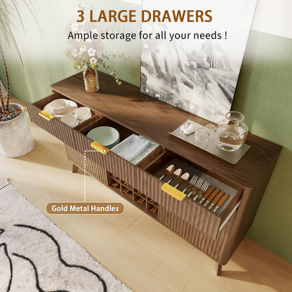 60" Wide Fluted Wine Bar Cabinet with 2 Side Cabinets, 3 Drawers, 4 Glass Holders & 12 Wine Racks, Modern Buffet Sideboard with Storage, 2 Door & 3 Drawer Buffet Sideboard for Kitchen, Dining Room