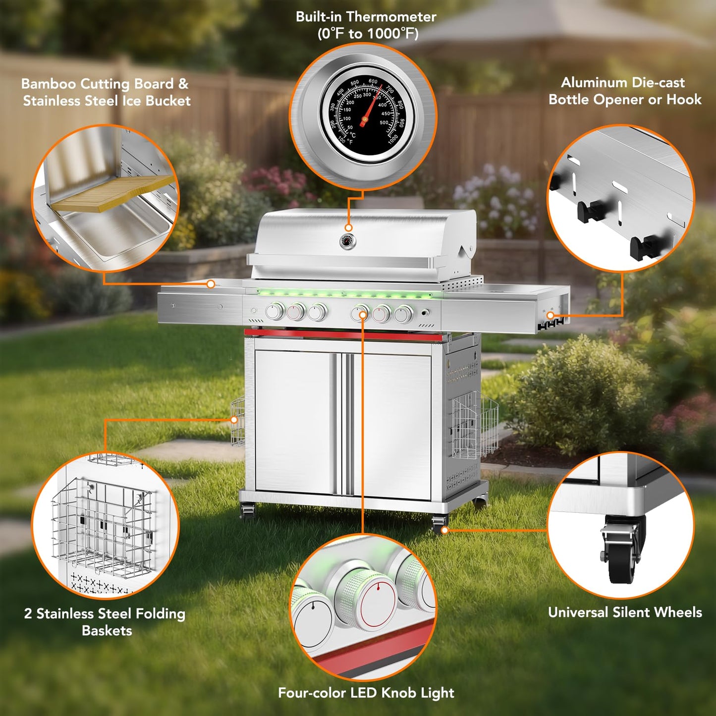 Electactic Heavy-duty Propane Gas Grill, SUS304 Stainless Steel 6-Burner BBQ Grill with 4 Main Burners, 1 Infrared Rear Burner, 1 Side Burner and LED Lights, High Performance Outdoor Grilling
