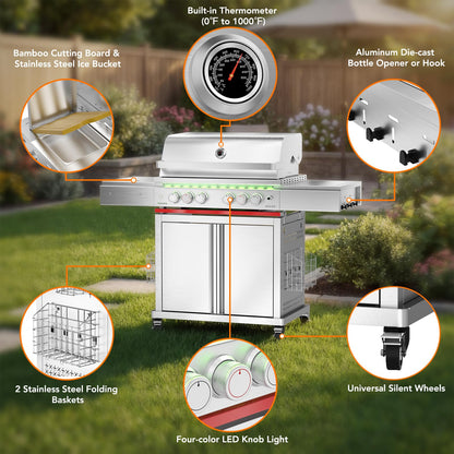Electactic Heavy-duty Propane Gas Grill, SUS304 Stainless Steel 6-Burner BBQ Grill with 4 Main Burners, 1 Infrared Rear Burner, 1 Side Burner and LED Lights, High Performance Outdoor Grilling