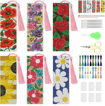 NEGEKFKX 6 Pcs Flower Cross Stitch Bookmark Kit for Adult Beginners,Flowers Cross Stitch Kits 14 CT DIY Crossstitch Kits Adult Stamped Bookmark Embroidery Bookmarks Kit