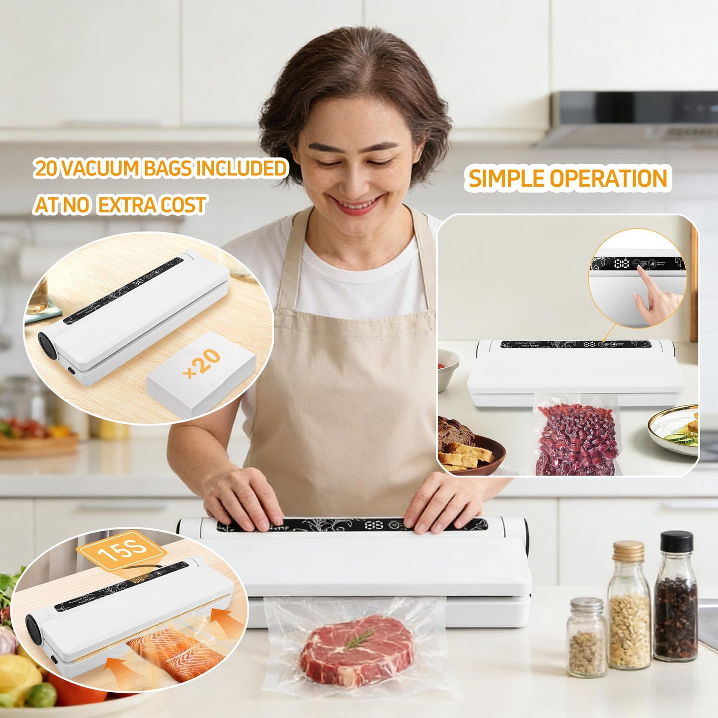 Food Saver Vacuum Sealer Machine, 75KPA Strong Suction for Dry/Wet Foods, Digital Countdown Timer, Compact Design with LED Lights, Includes 20 Vacuum Seal Bags, Ideal for Home Kitchen Use