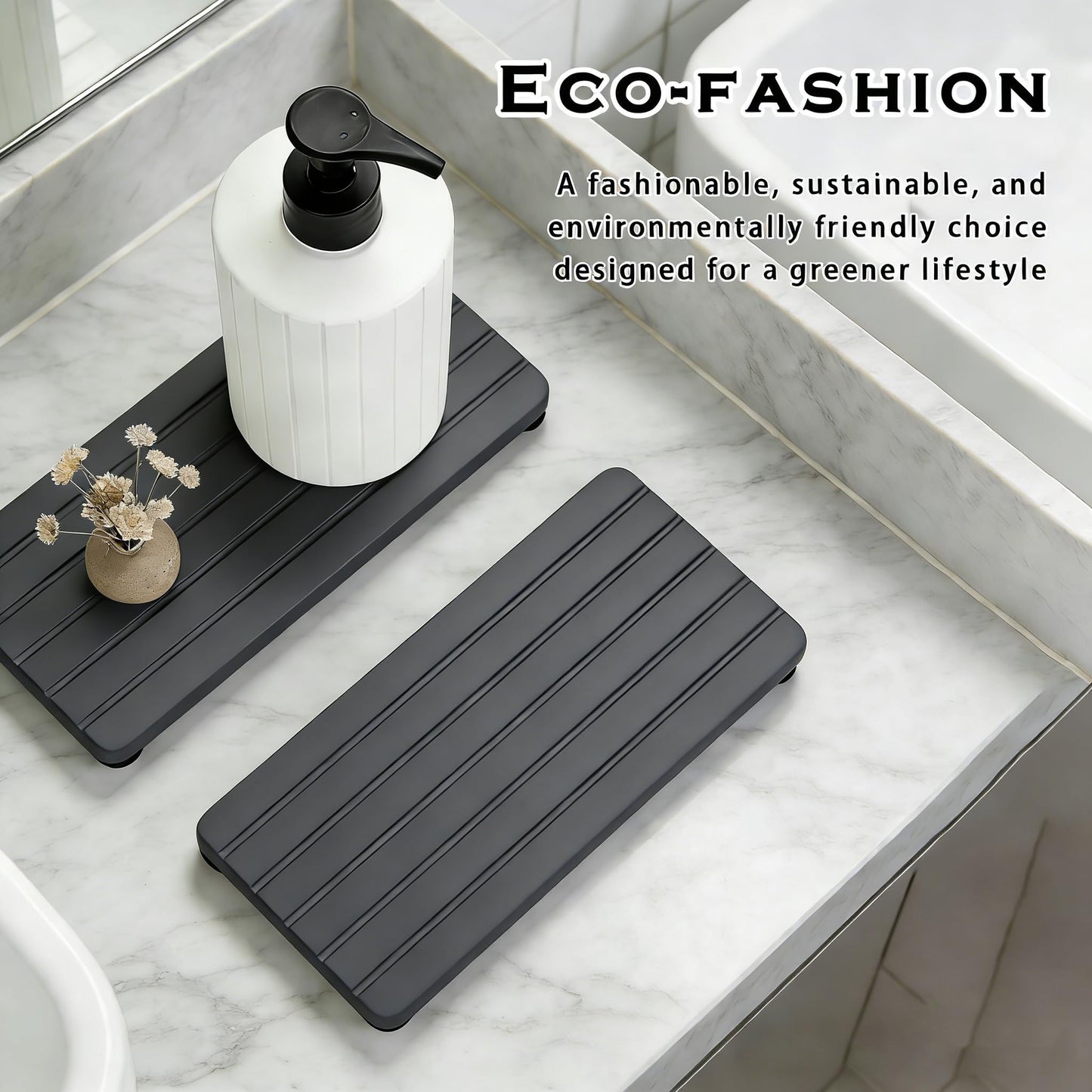 2PCS Stone Drying Tray, Water Absorbing Stone Tray for Sinks, Neat Diatomite Sink Trays, Fast Drying Kitchen Sponge Hand Soap Holder, Instant Dry Sink Coasters Used for Bathroom Counter -Dark Gray