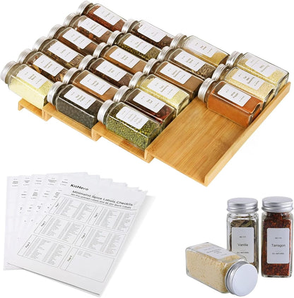 24 Jars,216 Labels,25 4 Drawers,Cabinets,Countertop,11" 15.8" Spice Drawer Organizer with Spice Non-slip Rubber, Bamboo
