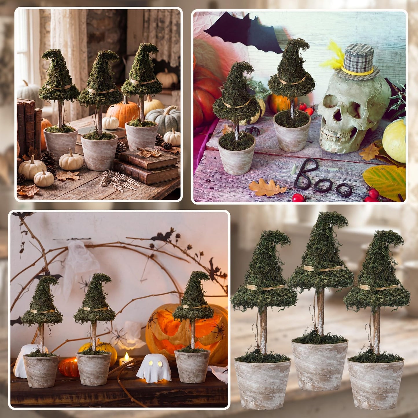 Thiccywoov 3 Pcs Halloween Witch Hat Topiary Plant with Pot Fake Small Moss Halloween Decorations Rustic Farm Witch Hat Plant Pot Tabletop Centerpiece for Home Bedroom Tiered Tray Decor Gifts 8.6inch