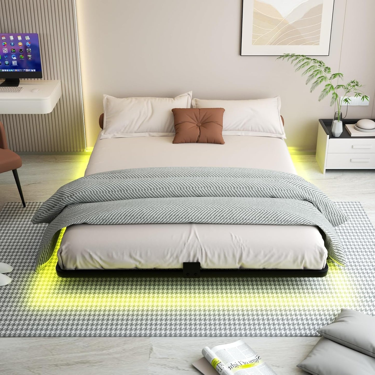 FSJianYi Queen Floating Bed Frame with LED Lights - Modern Metal Platform Bed Frame - Noise Free No Box Spring Needed and Easy Assembly,60W x 80L in
